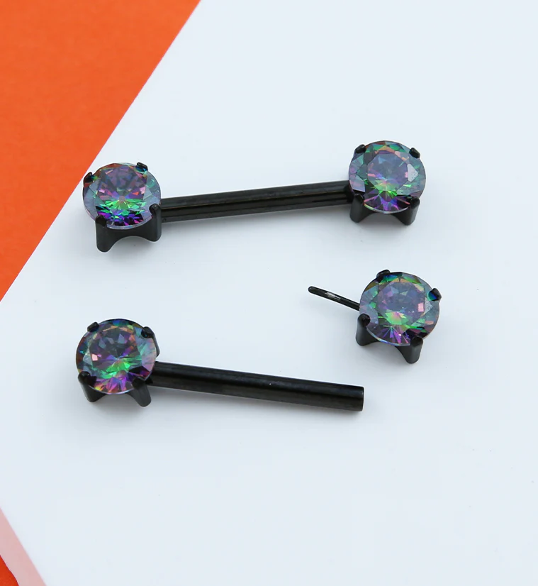 Black PVD Prong Black Aurora CZ Threadless Titanium Nipple Barbells - Image 2