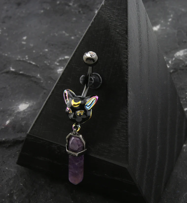Black PVD Psychedelic Cat Purple Crystal Stainless Steel Belly Button Ring - Image 2
