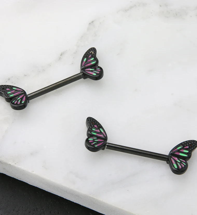 Black PVD Purple Butterfly Wing Stainless Steel Nipple Barbell - Image 2