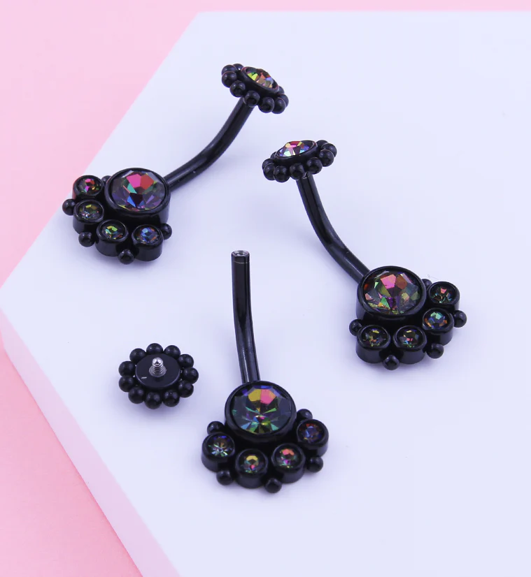 Black PVD Quinary Black Aurora CZ Beaded Top Internally Threaded Stainless Steel Belly Button Ring - Image 2