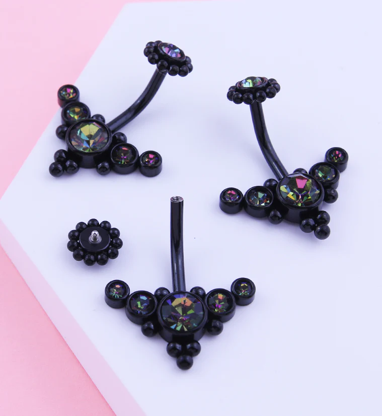 Black PVD Quinary Curve Black Aurora CZ Beaded Top Internally Threaded Stainless Steel Belly Button Ring - Image 2