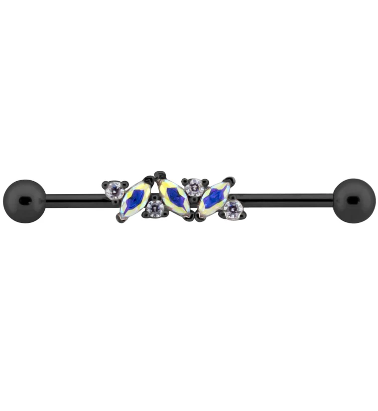 Black PVD Rainbow Aurora And Clear CZ Industrial Barbell