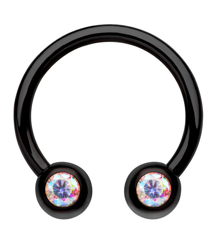 Black PVD Rainbow Aurora CZ Titanium Circular Barbell