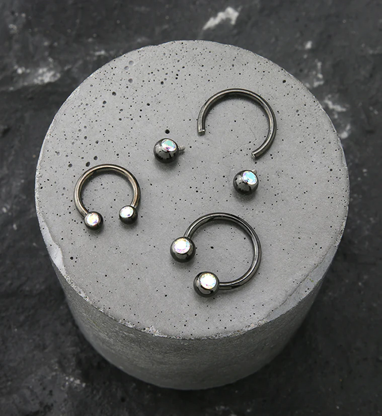 Black PVD Rainbow Aurora CZ Titanium Circular Barbell - Image 3