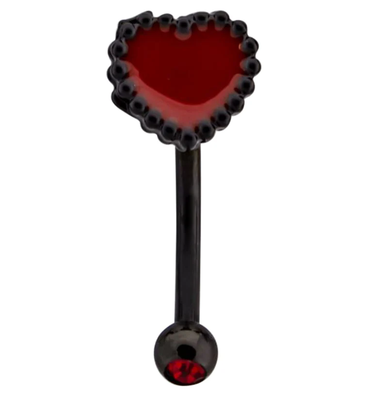 Black PVD Red Beaded Heart Red CZ Curved Barbell