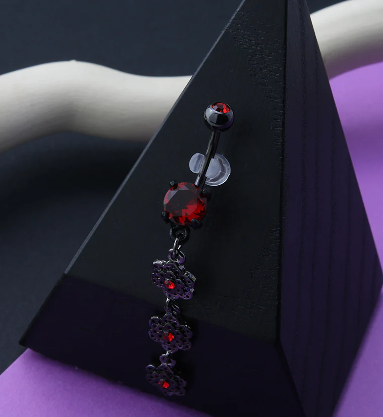 Black PVD Red Flowers Dangle Belly Button Ring - Image 2