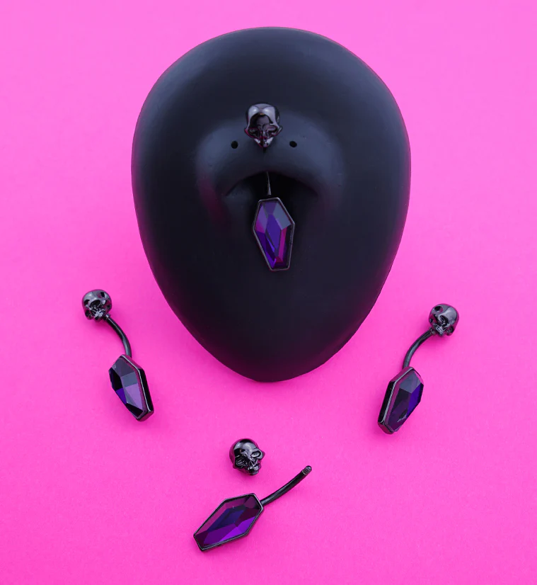Black PVD Skull Coffin Purple CZ Stainless Steel Belly Button Ring - Image 2