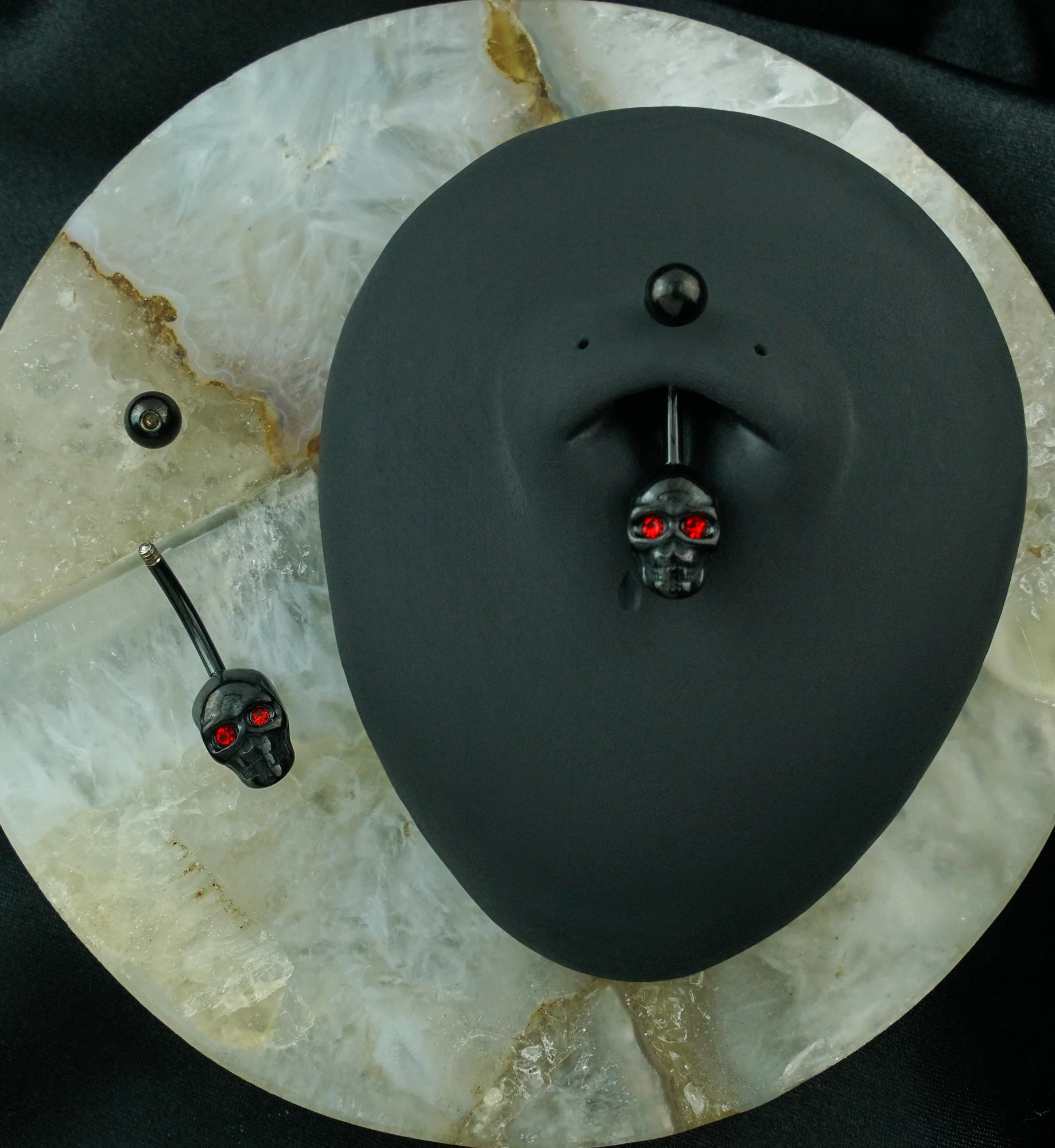 Black PVD Skull Red CZ Stainless Steel Belly Button Ring - Image 2