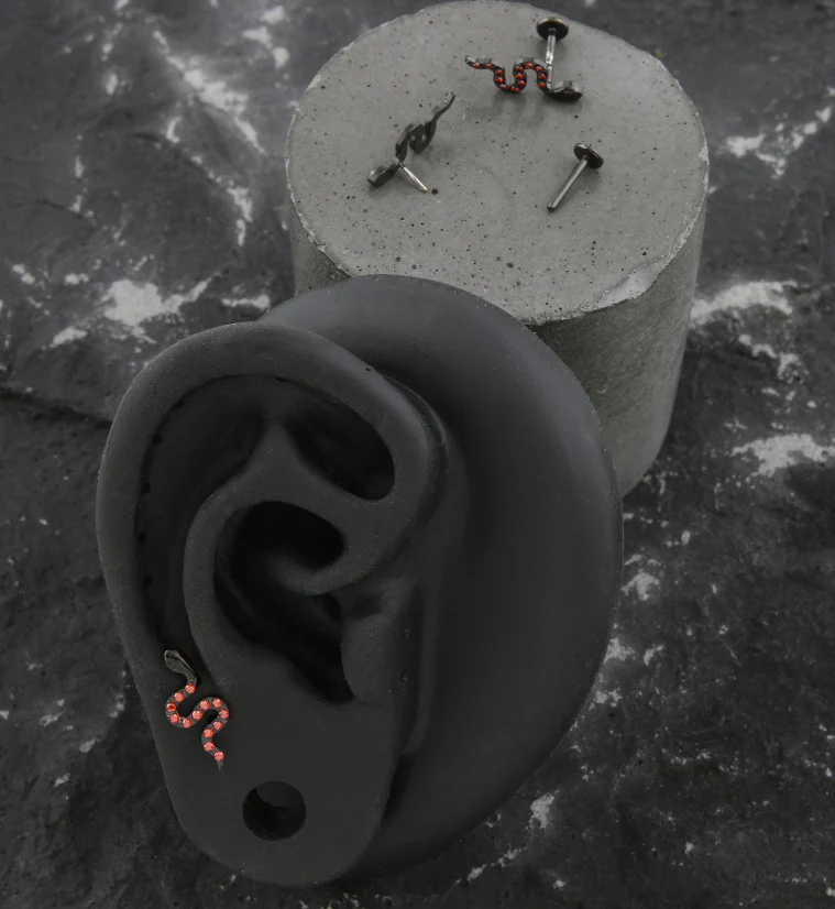 Black PVD Snake Red CZ Threadless Titanium Labret - Image 2
