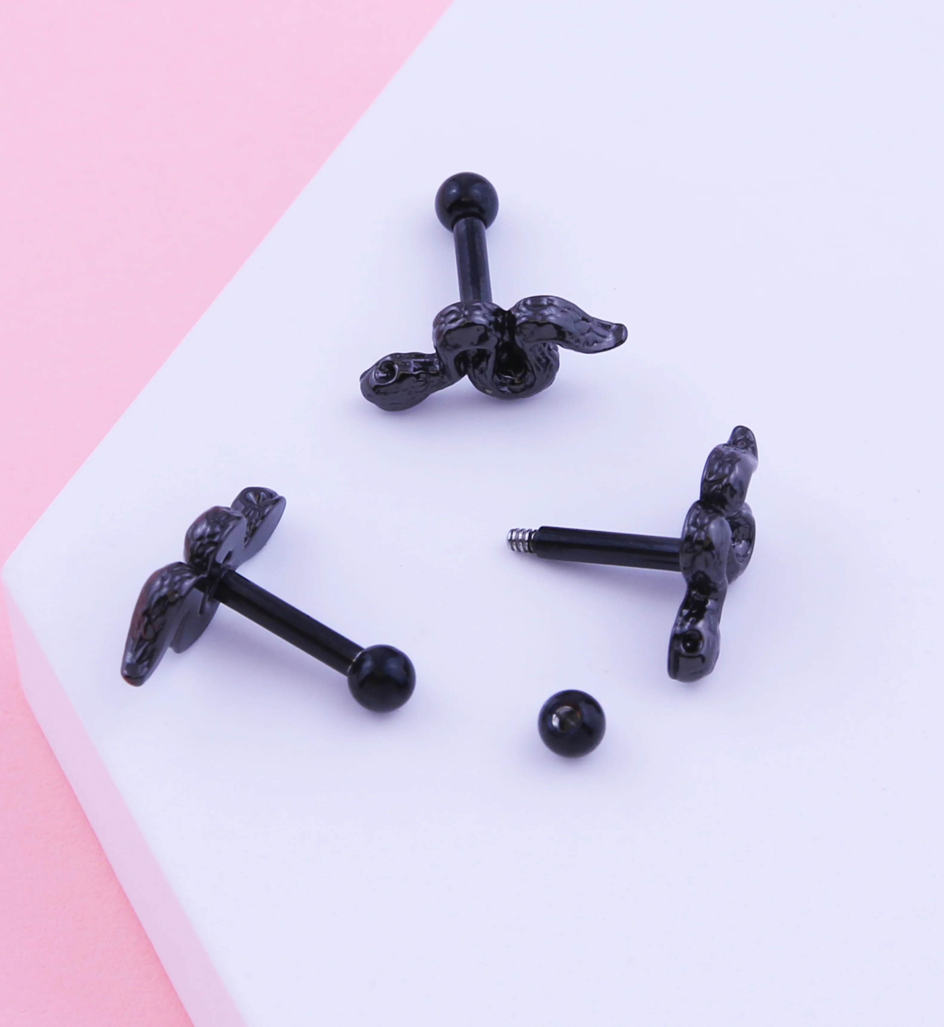 Black PVD Snake Stainless Steel Cartilage Barbell - Image 2