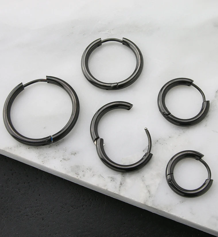 Black PVD Stainless Steel Hinged Hoop Earrings - Image 2