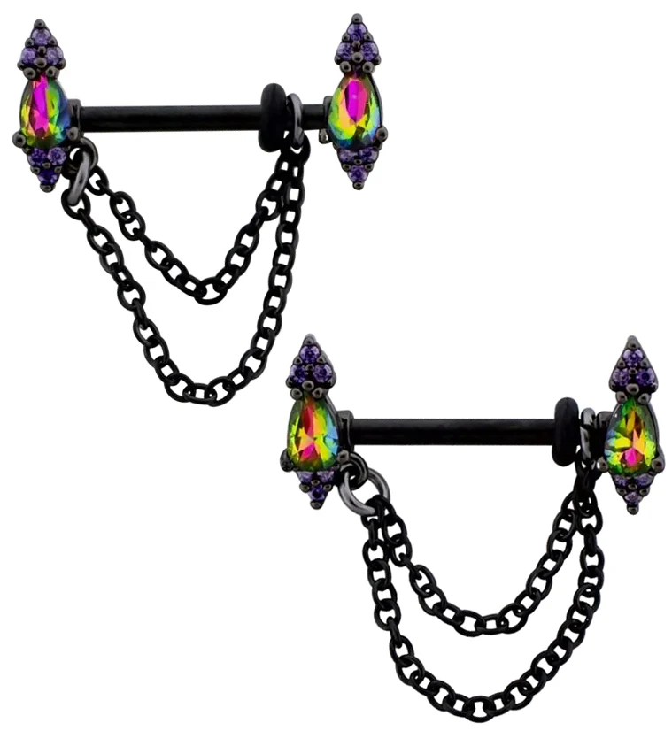 Black PVD Teardrop Black Aurora And Purple CZ Dangle Chain Stainless Steel Nipple Barbell