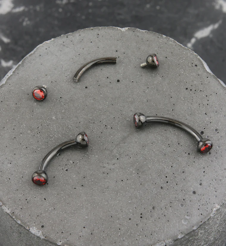 Black PVD Titanium Double Bezel Red CZ Internally Threaded Curved Barbell - Image 3