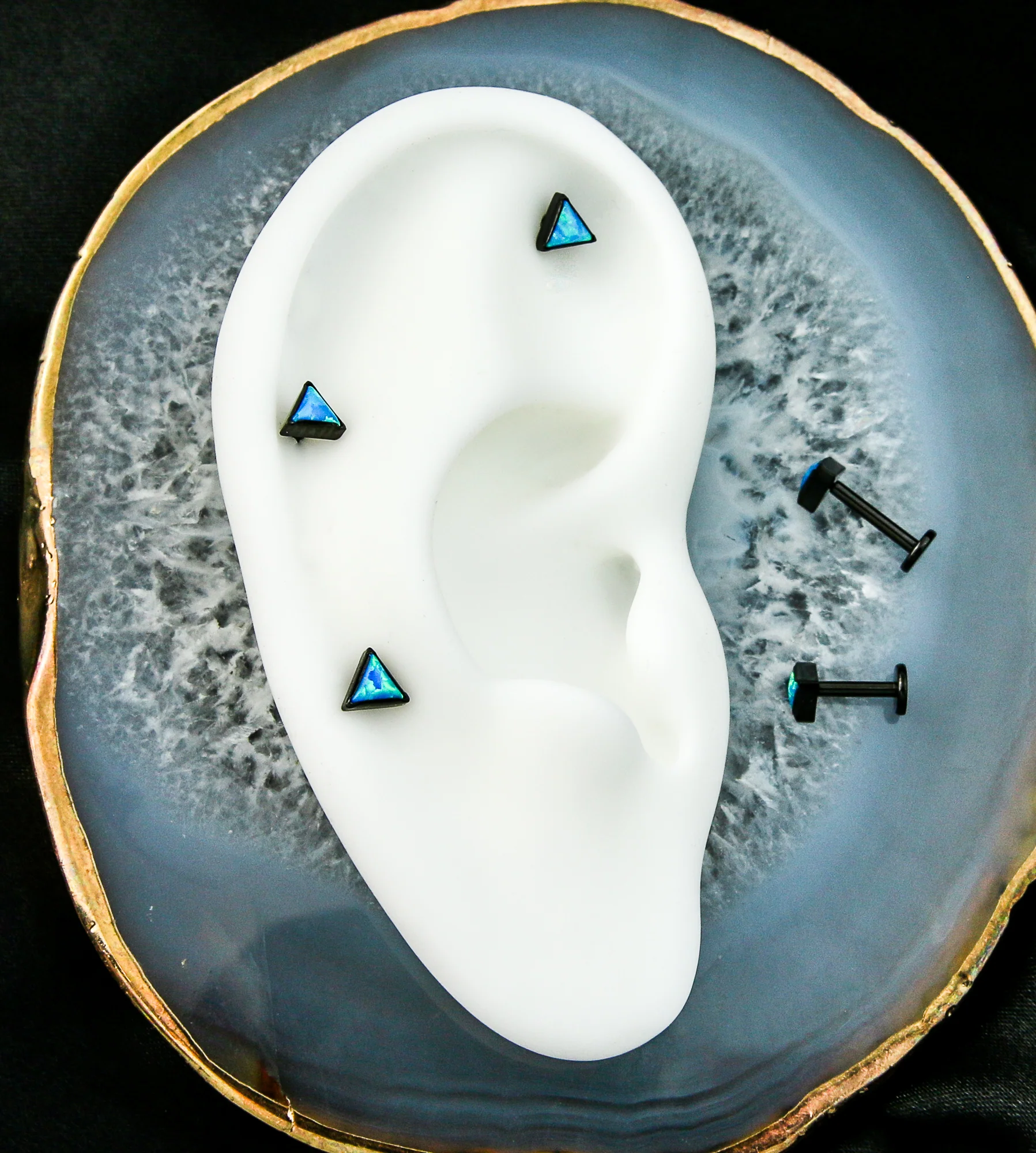 Black PVD Triangle Blue Opalite Internally Threaded Titanium Labret - Image 2
