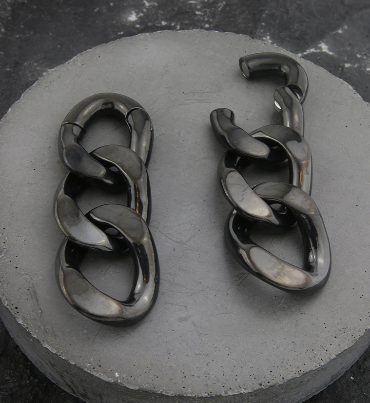 Black PVD Triple Chain Link Hinged Ear Weights - Image 2