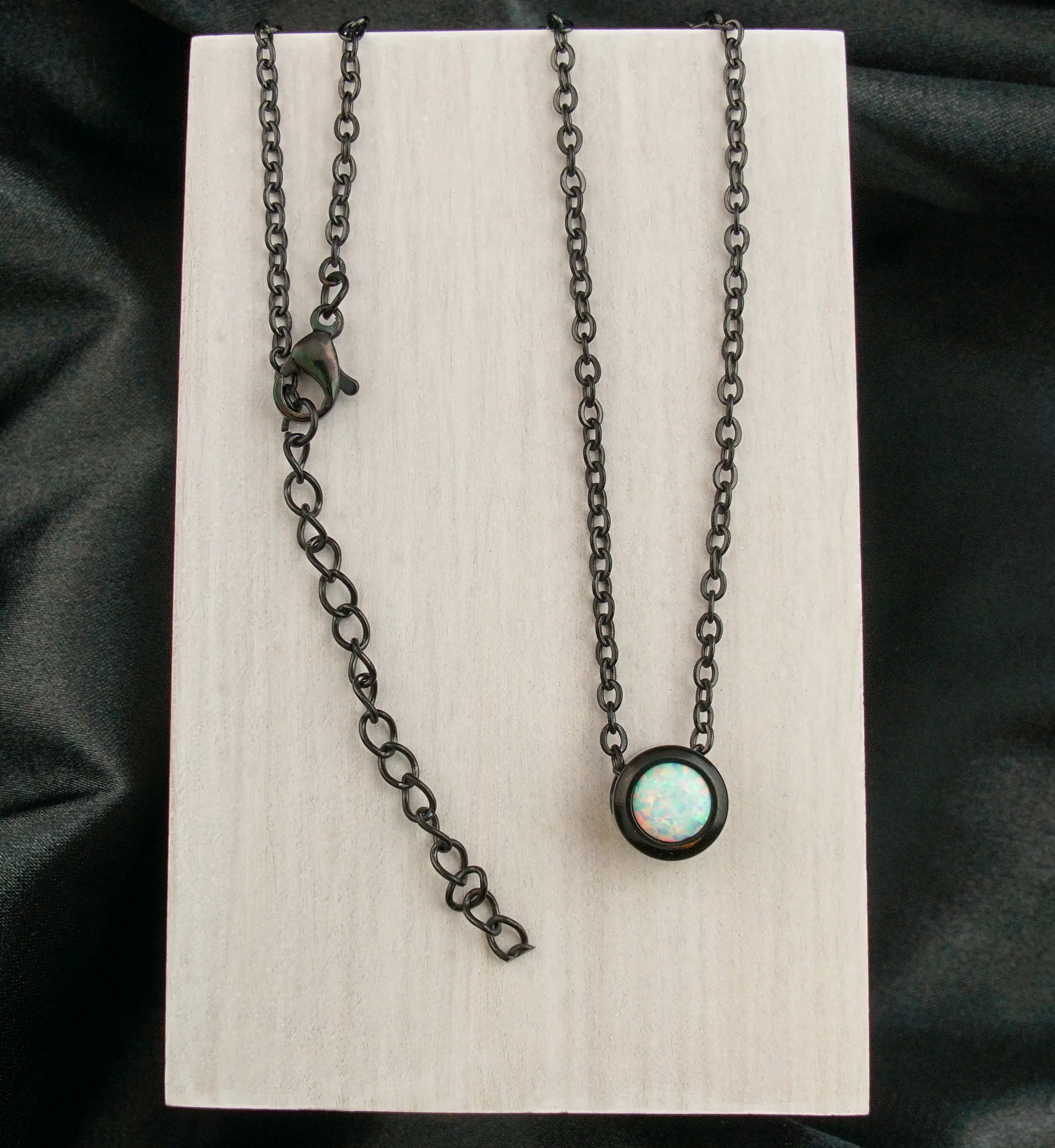 Black PVD White Opalite Pendant Stainless Steel Necklace - Image 2