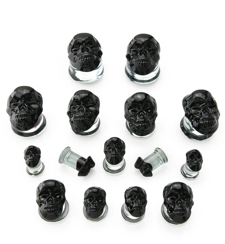 Black Skull Double Flare Glass Plugs - Image 2