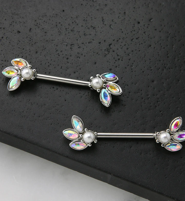Blossom Pearl and Rainbow Aurora CZ Stainless Steel Nipple Barbell - Image 2