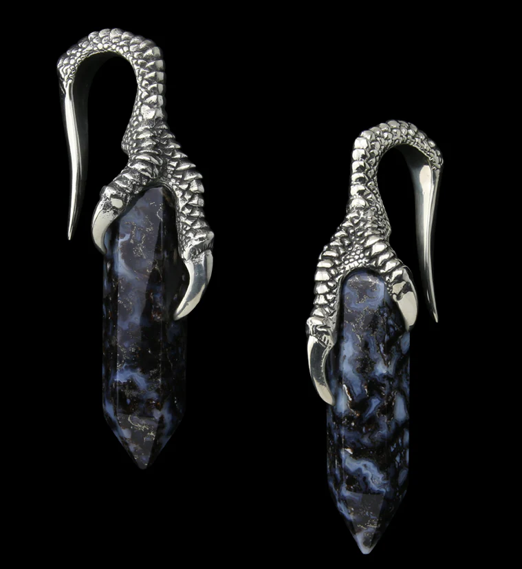 Blue Flame Petrified Palm Root Raven Claw White Brass Ear Weights - Image 3
