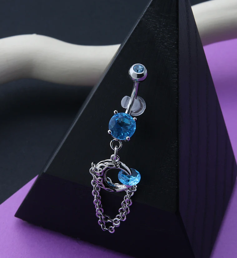 Blue Half Moon Dangle Chain Belly Button Ring - Image 2