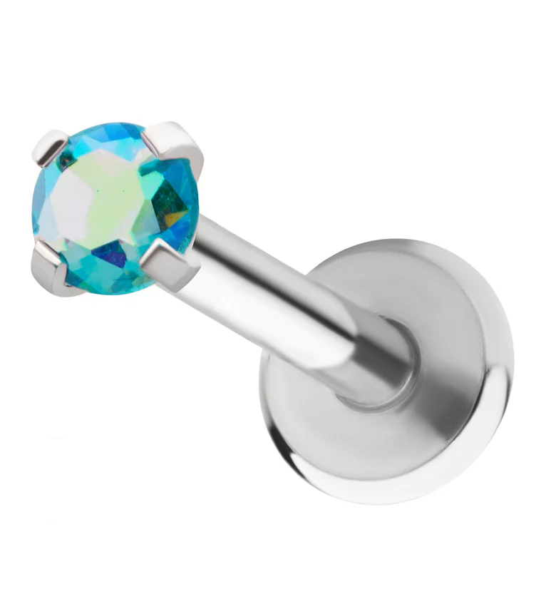 Blue Aurora Prong CZ Stainless Steel Internally Threaded Labret