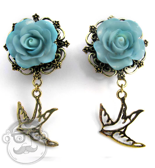 Blue Rosebud & Swallow Dangle Plugs - Image 2
