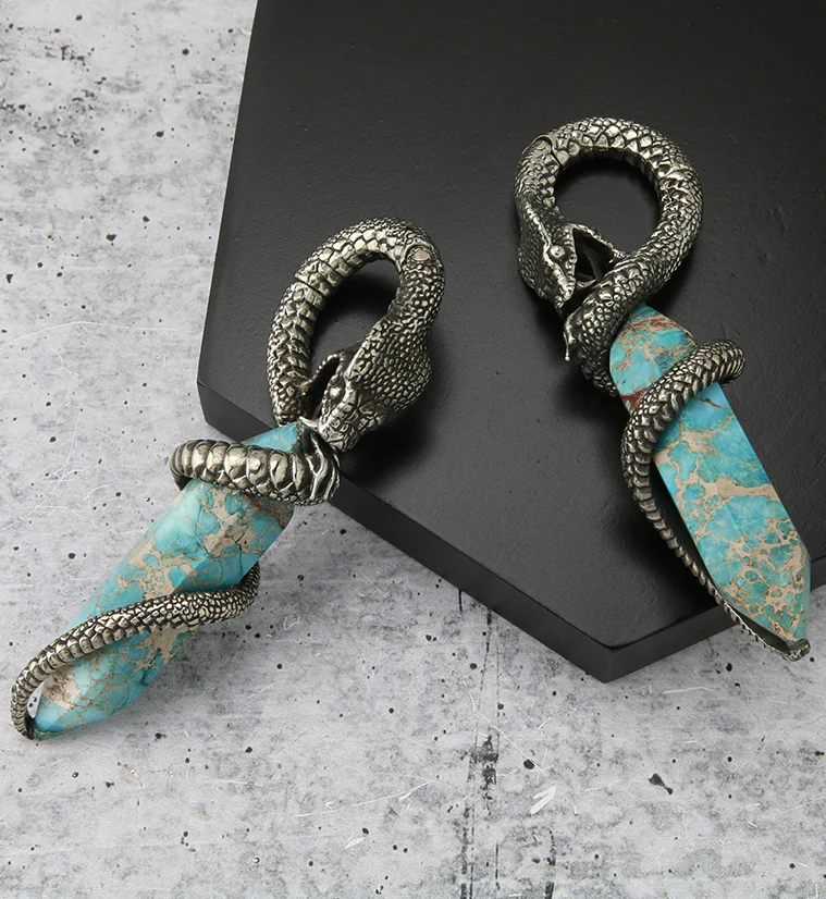 Blue Sea Sediment Stone Cobra White Brass Hinged Ear Weights - Image 2