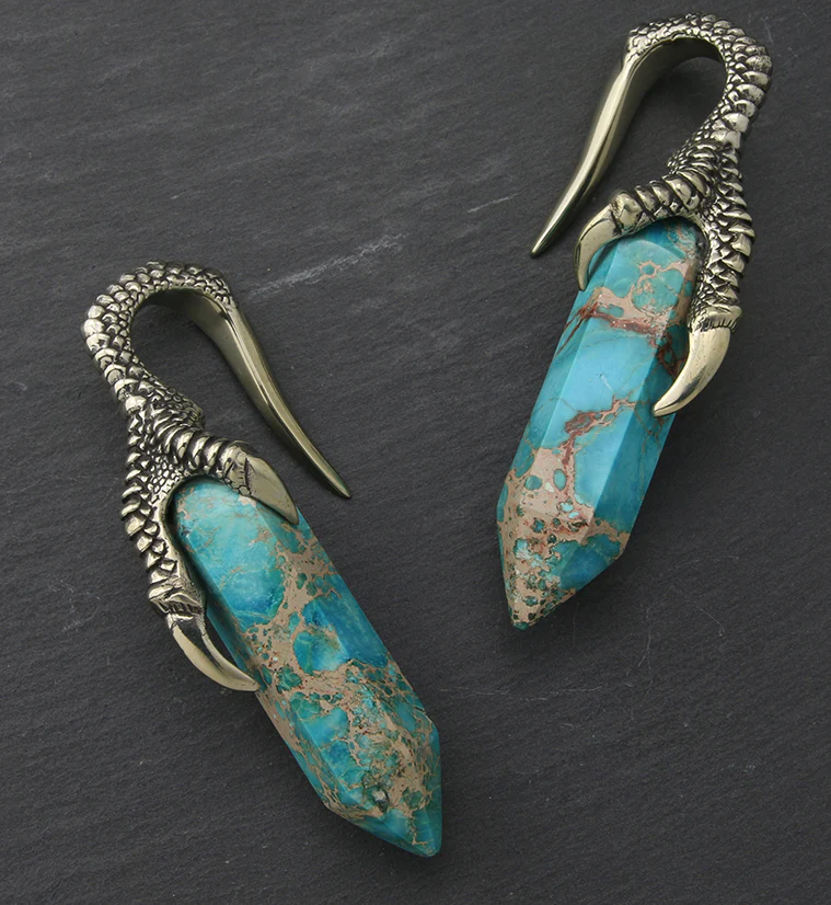 Blue Sea Sediment Stone Raven Claw White Brass Ear Weights - Image 2