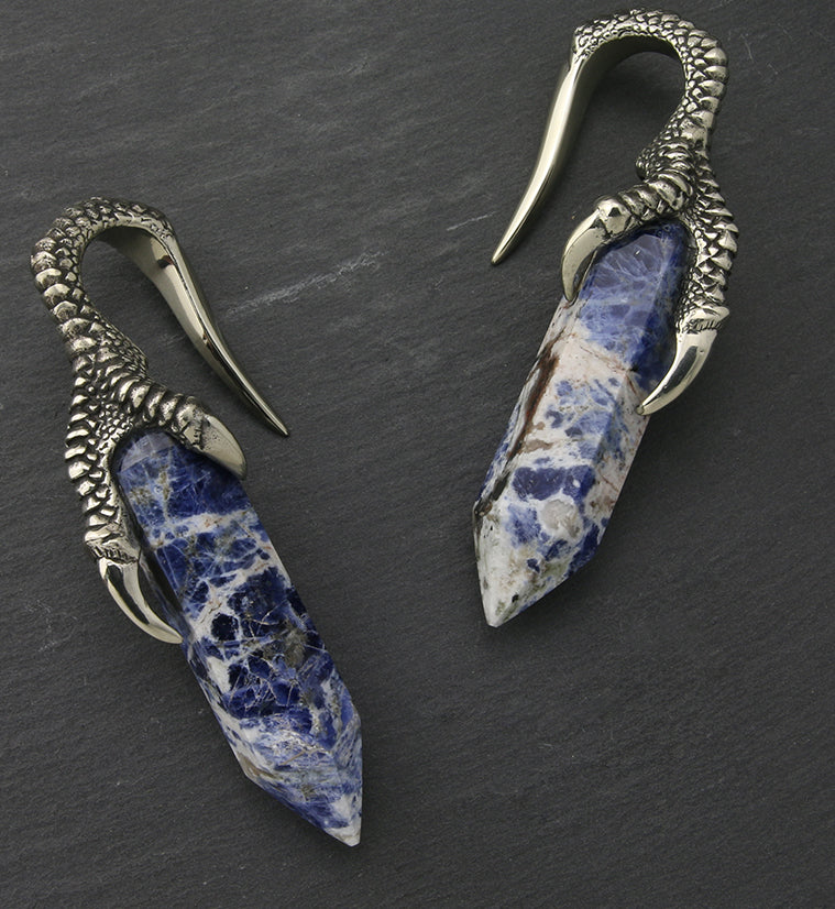 Blue Sodalite Stone Raven Claw White Brass Ear Weights - Image 2