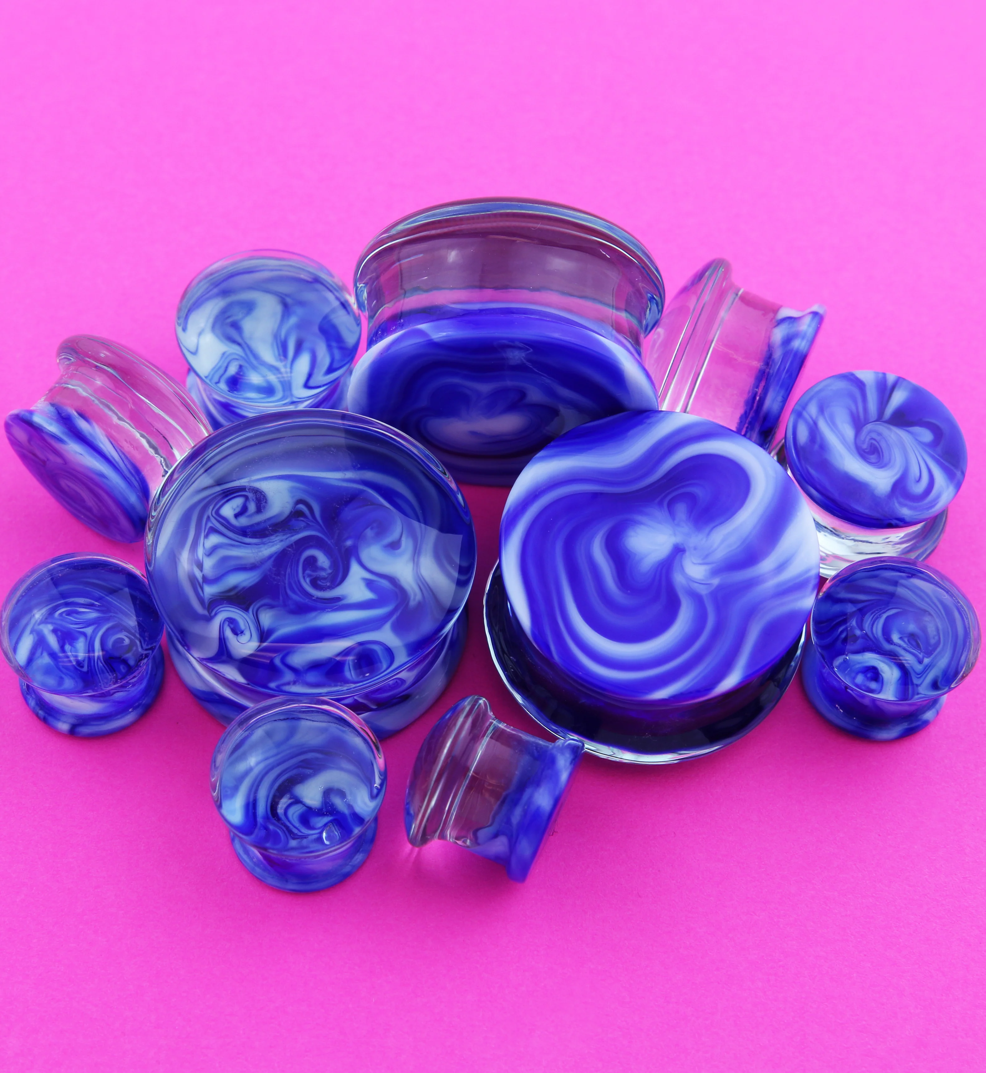 Blue/White Chroma Swirl Glass Double Flare Plugs - Image 2