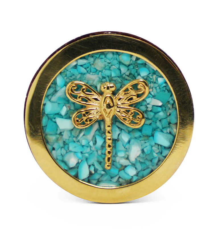 Brass Dragonfly Wood Plugs With Teal Stone Inlay - Image 3