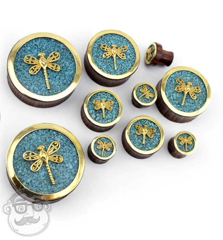 Brass Dragonfly Wood Plugs With Teal Stone Inlay - Image 5