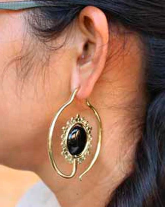 Brass Earrings With Black Obsidian Stone Inlay - Image 2