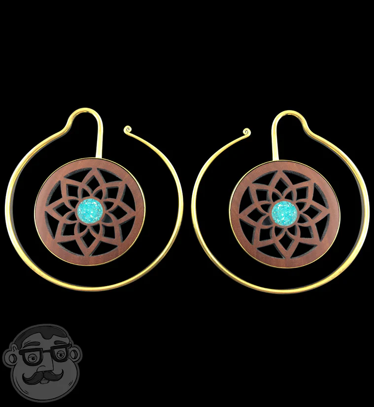 Brass Earrings With Wooden Lotus & Crushed Teal Stone Inlay