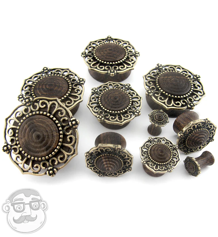 Brass Filigree Top Rose Wood Plugs - Image 4