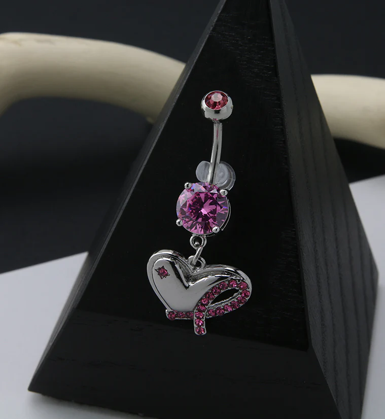 Breast Cancer Awareness Heart and Ribbon Pink CZ Belly Ring - Image 2