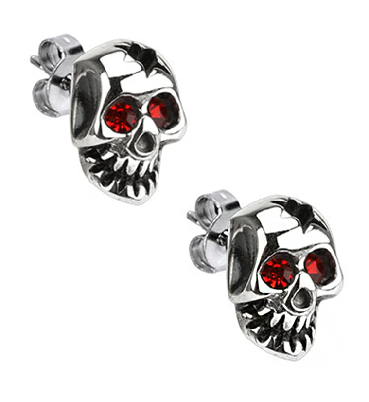 Busted Skull Red CZ Stainless Steel Stud Earrings