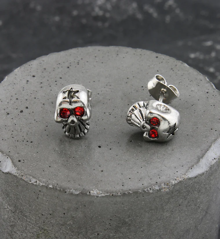 Busted Skull Red CZ Stainless Steel Stud Earrings - Image 2