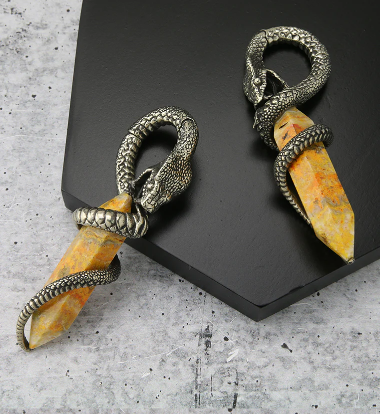 Bumblebee Jasper Stone Cobra White Brass Hinged Ear Weights - Image 2