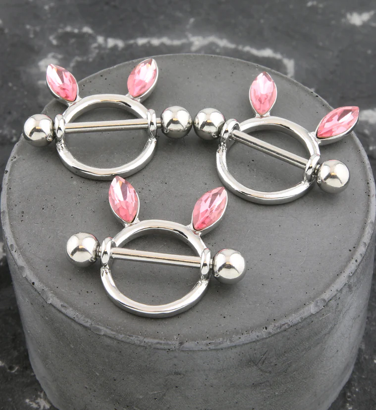 Bunny Ears Pink CZ Nipple Ring Shield - Image 2