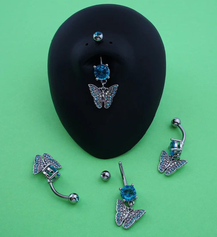 Butterfly Aqua and Rainbow Aurora CZ Stainless Steel Belly Button Ring - Image 2