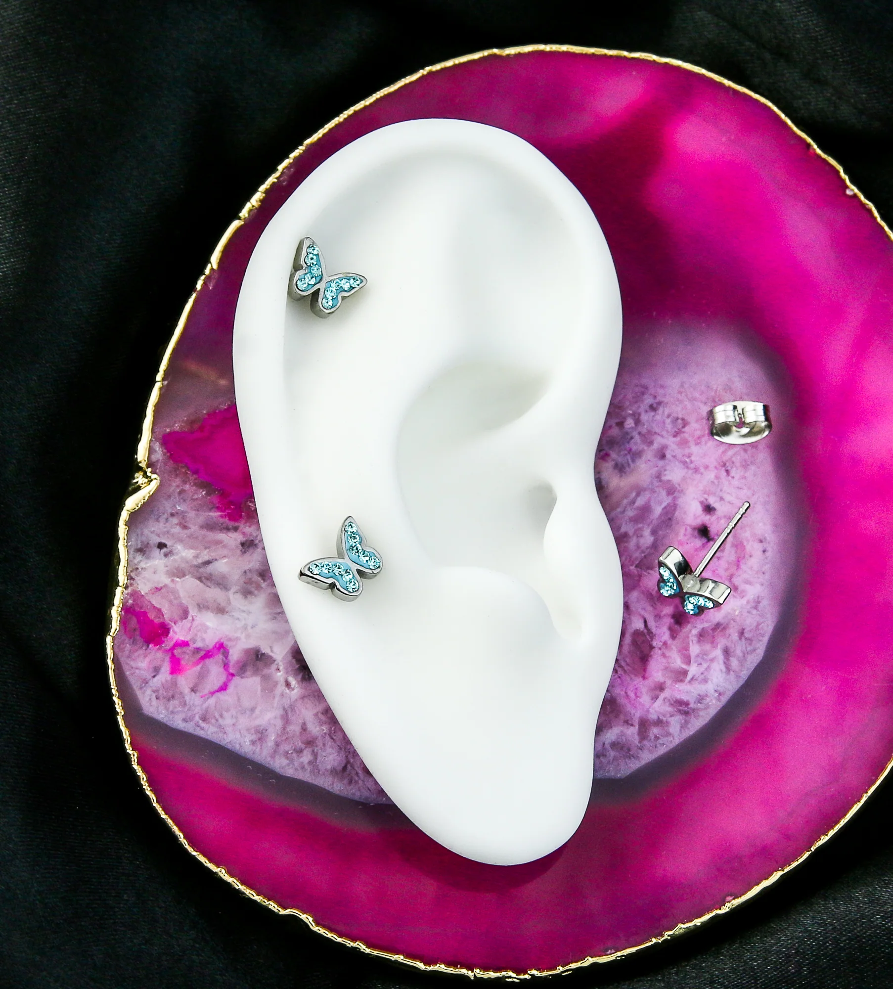 Butterfly Aqua CZ Stainless Steel Stud Earrings - Image 2