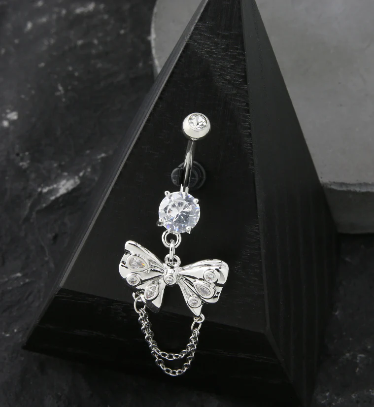 Butterfly Bow Double Dangle Chain Stainless Steel Belly Button Ring - Image 2