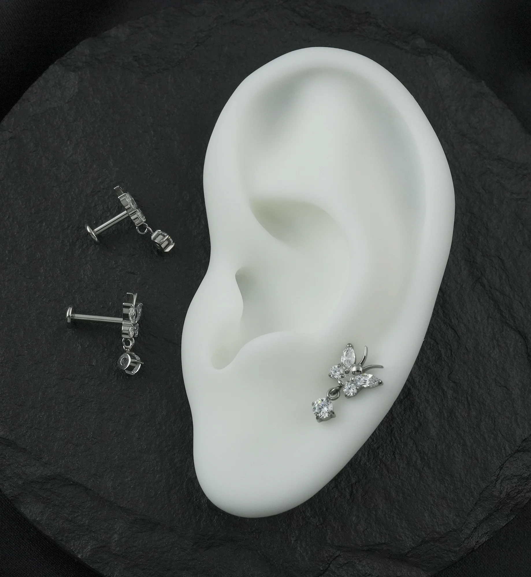 Butterfly Clear CZ Dangle Internally Threaded Titanium Labret - Image 2
