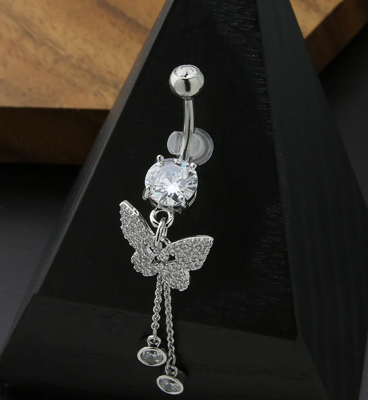 Butterfly Dangle Drop Chain Clear CZ Stainless Steel Belly Button Ring - Image 2
