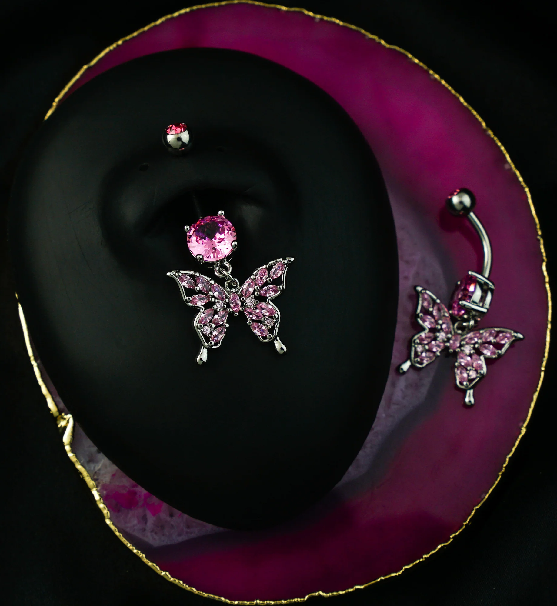 Butterfly Marquise Pink CZ Filled Dangle Stainless Steel Belly Button Ring - Image 2
