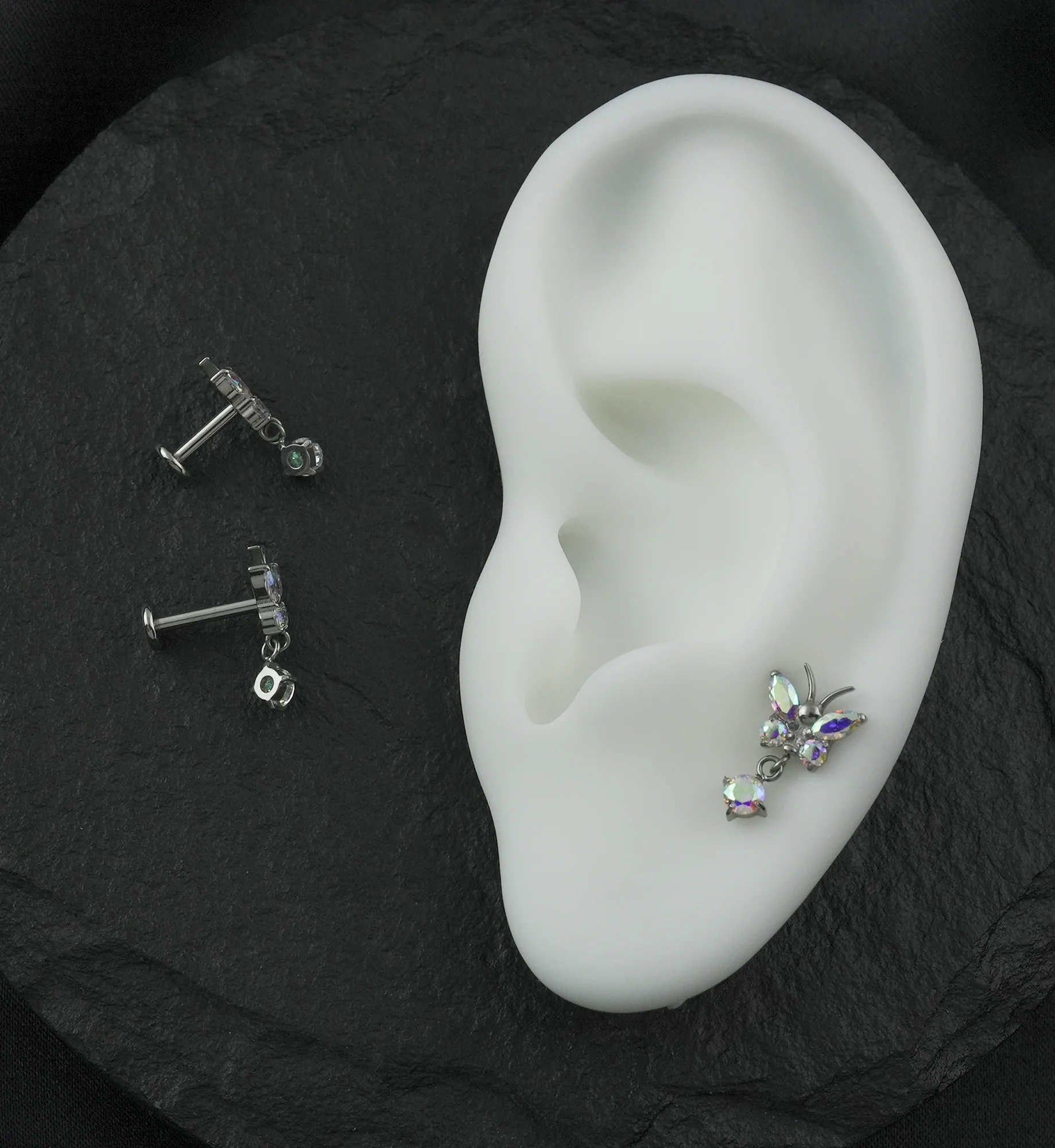 Butterfly Rainbow Aurora CZ Dangle Internally Threaded Titanium Labret - Image 2