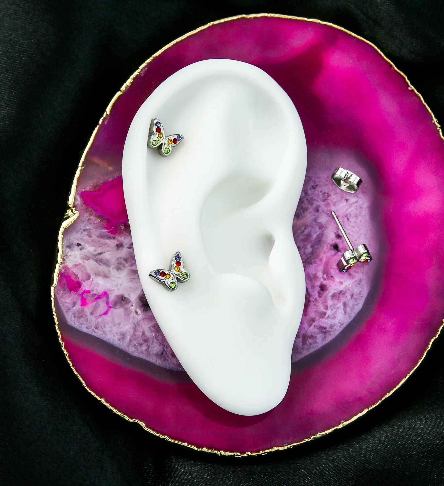 Butterfly Rainbow CZ Stainless Steel Stud Earrings - Image 2