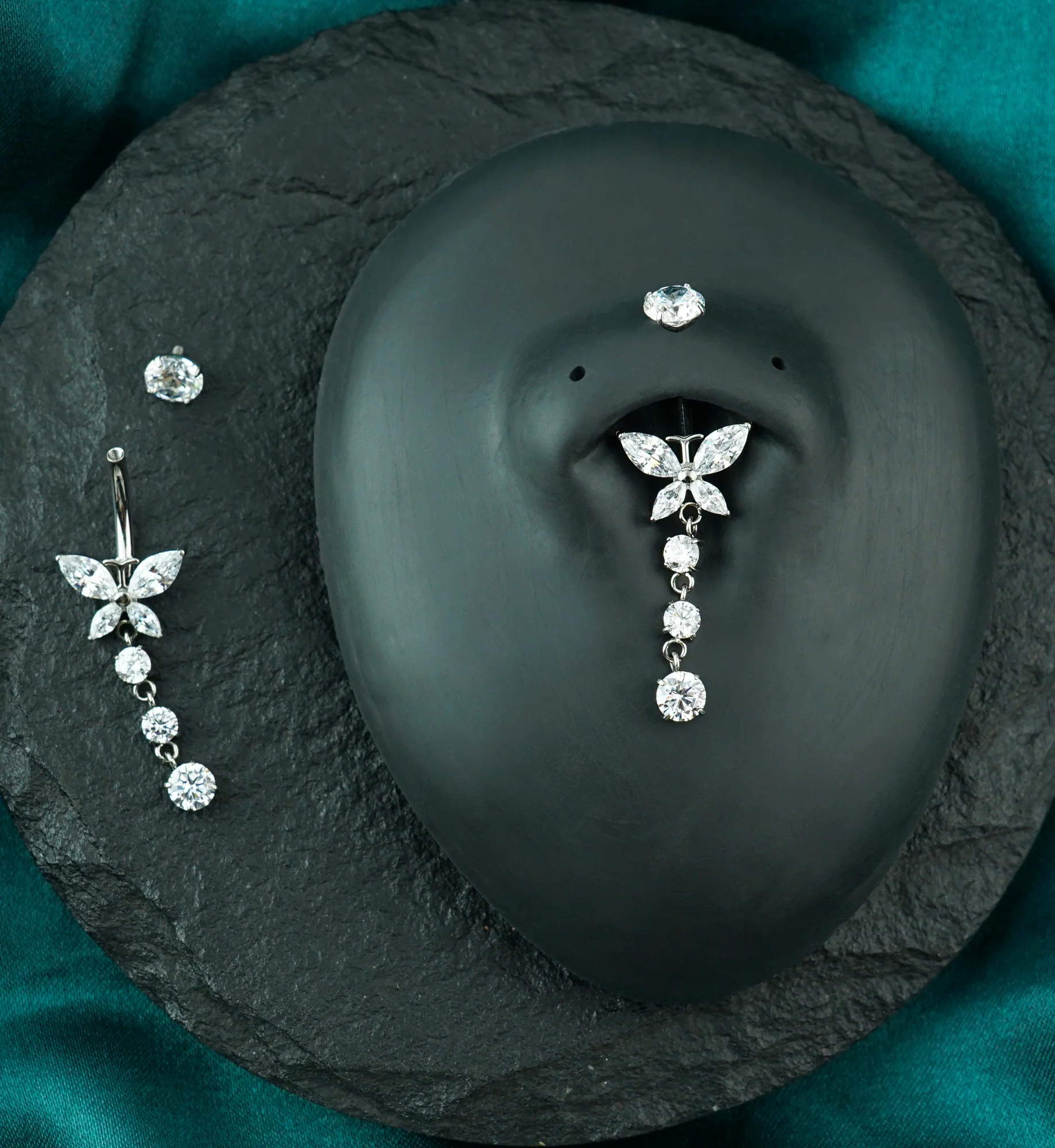 Butterfly Triple Dangle Clear CZ Titanium Internally Threaded Belly Button Ring - Image 2