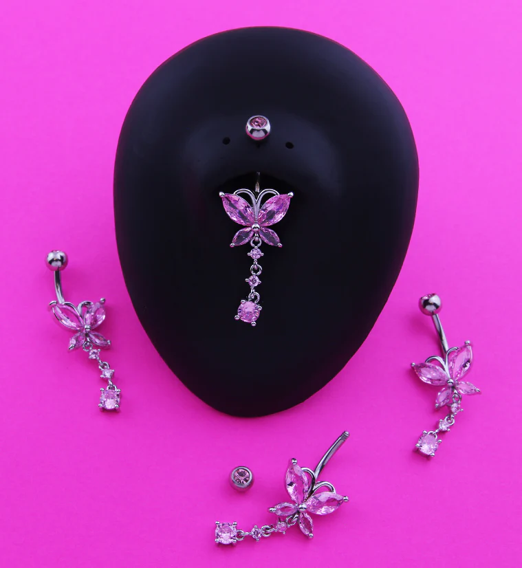 Butterfly Triple Dangle Pink CZ Stainless Steel Belly Button Ring - Image 2